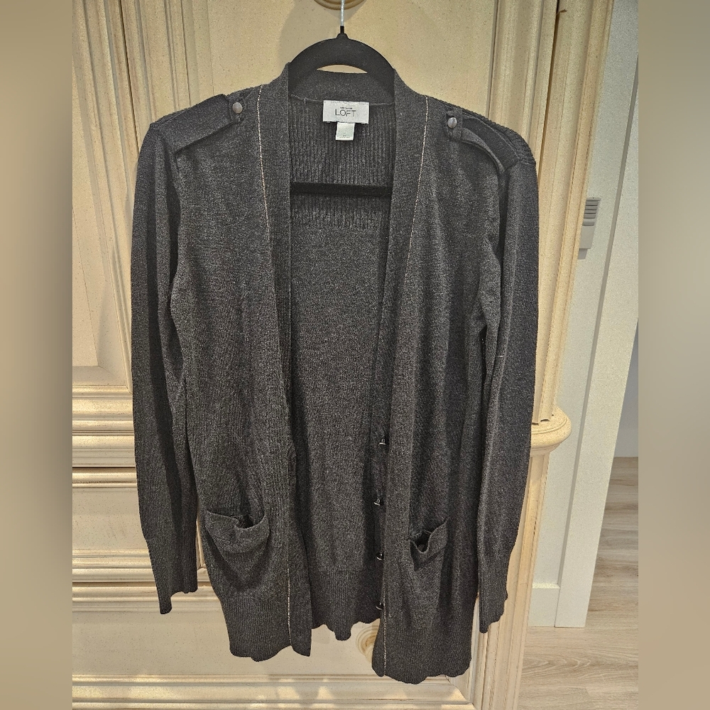 LOFT Gray Cardigan Sweater Open Front Long Length